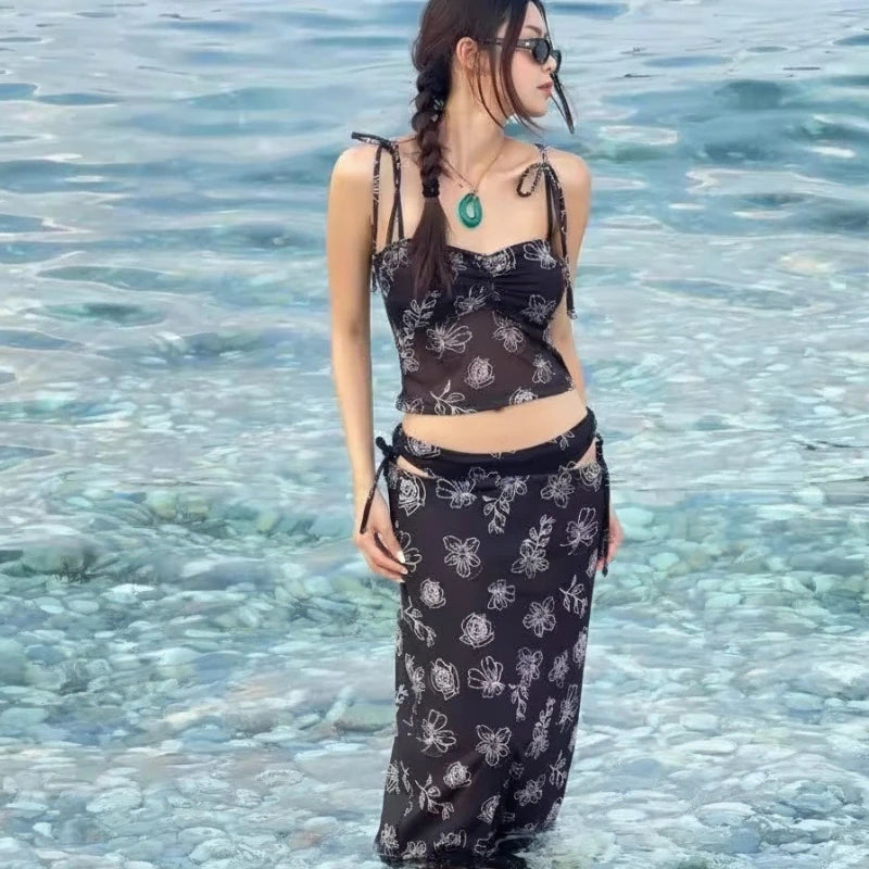 Retro Style Floral Embroidery Three Piece Swimsuit Slim Long Suspender Dress Women Holiday Beach Vacation Cover Up Bikini Outfit