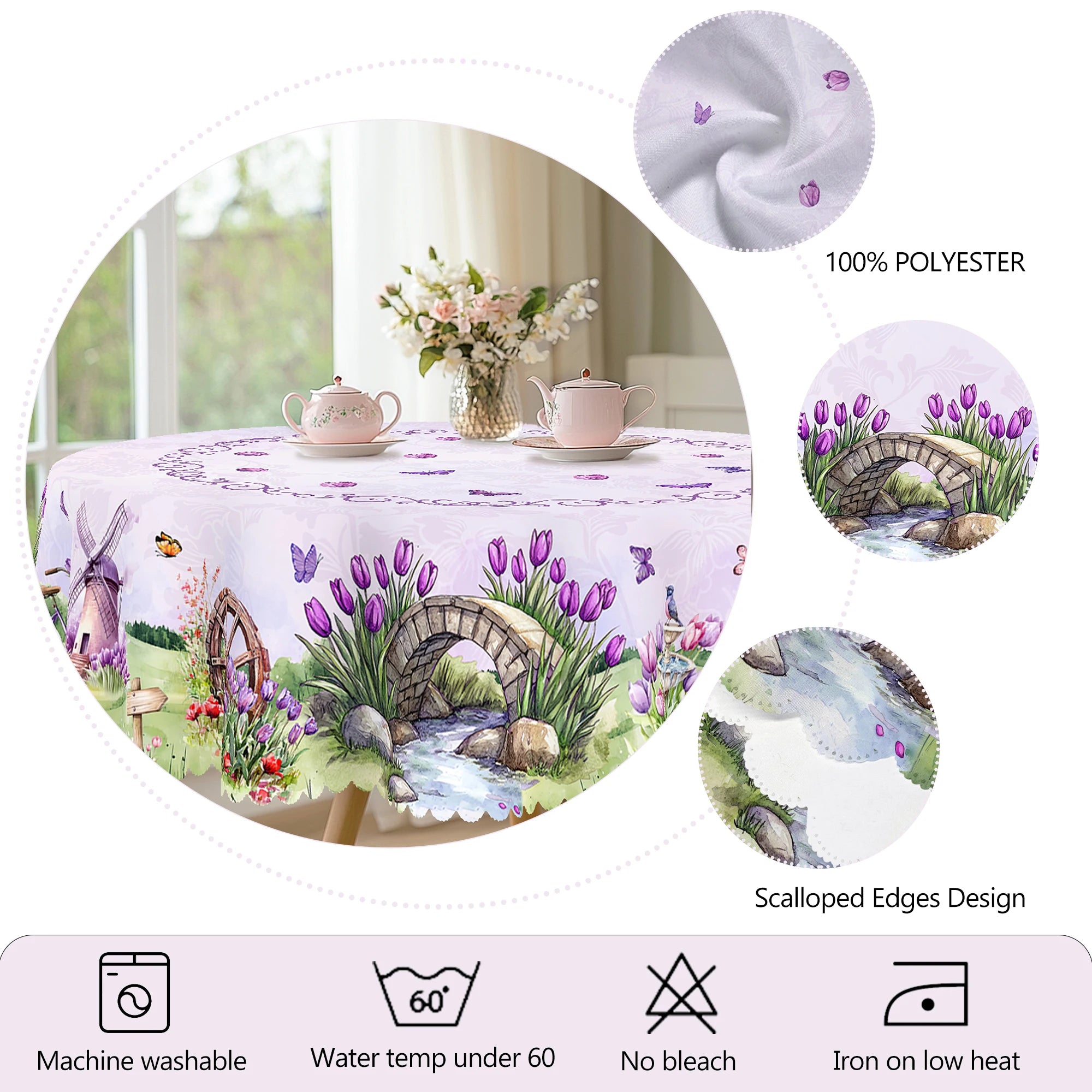1 Piece of Spring/Summer Printed Round and Rectangular Tablecloth, Available in Various Sizes, with Purple Tulips and Lavender Interwoven, Featuring a Vintage Scroll Border and Butterfly Petal Embellishments, with Embossed Ed