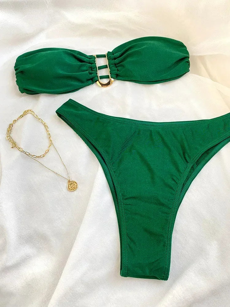 Women Bikini Sets Two Pieces Swimsuit Female Metal High Waist Sexy Bikini Bathing Suit Monokini Swimwear Women Biquini Bakini