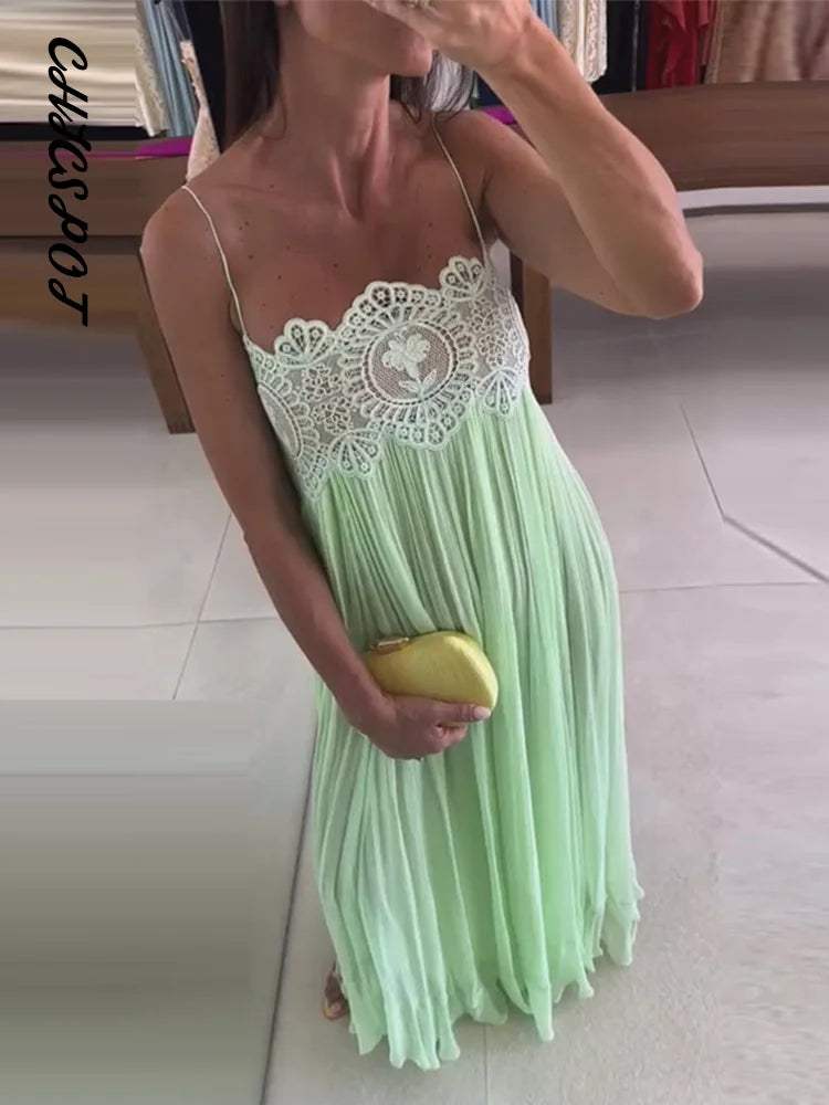 Lace Patchwork Pleated Slip Long Dress Women Sexy Spaghetti Strap Sleeveless Backless Loose Evening Dresses Chic Ladies Vestidos