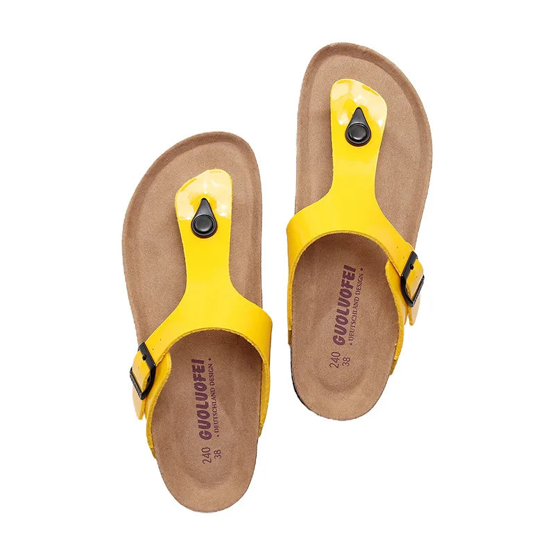 New Cork Sandals for Women Open Toe Beach Slippers with Adjustable Buckle Women Flats Leather Cork Footbed Flip Flops