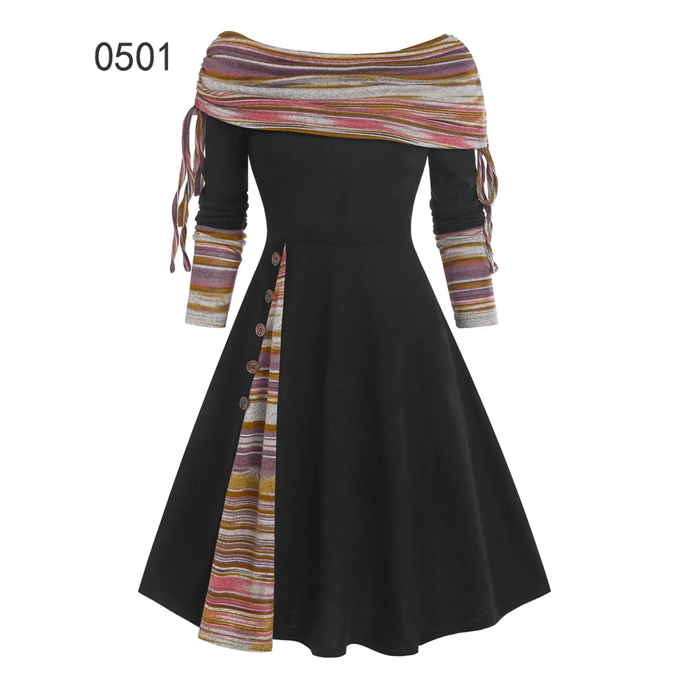 Convertible Cinched Striped Flare Dress Foldover Off The Shoulder Knitted Dresses Women 2023 Long Sleeve Jurken