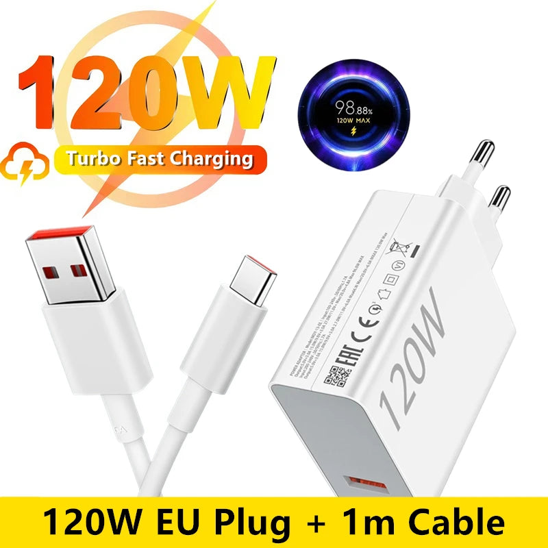 120W EU Ultra Fast Charger For Xiaomi 11 12 13 14 15 Ultra 17 Redmi Note 11 12 13 POCO X5 X6 Pro Type C USB Turbo Charging Cable