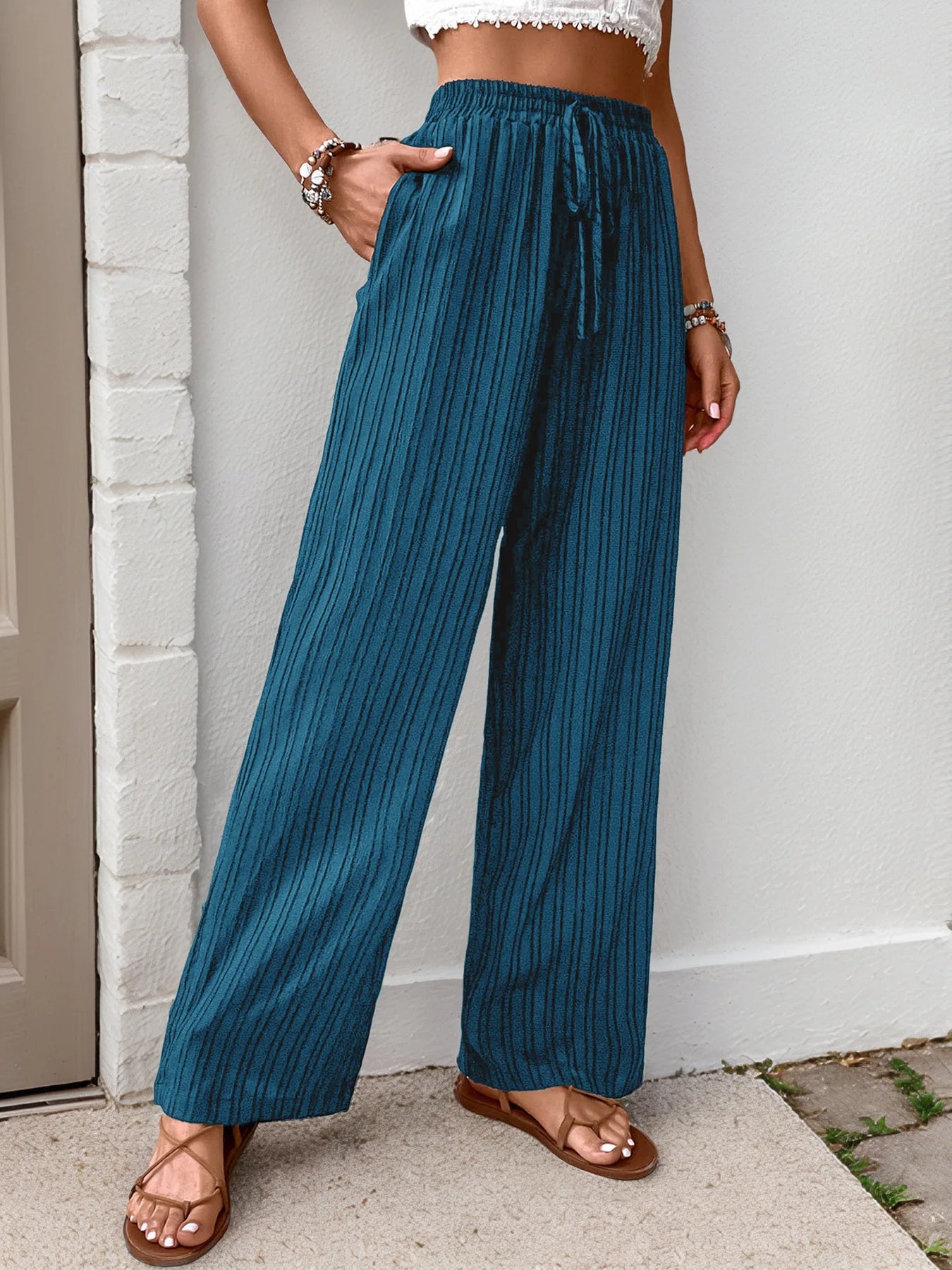 Womens High Waist Pleated Wide Leg Pants Simple Versatile Loose Casual Trousers