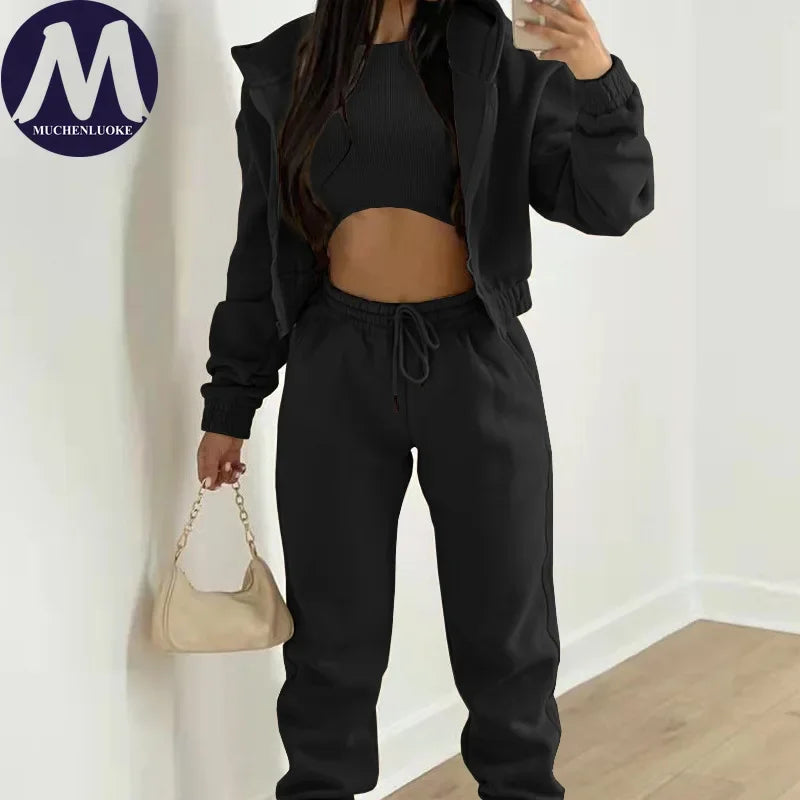 Women's 3-Piece Set Long Sleeve Hooded Sport Coat Casual Loose Lace-Up Pants Autumn Winter Fashion Outfit Versatile Clothing