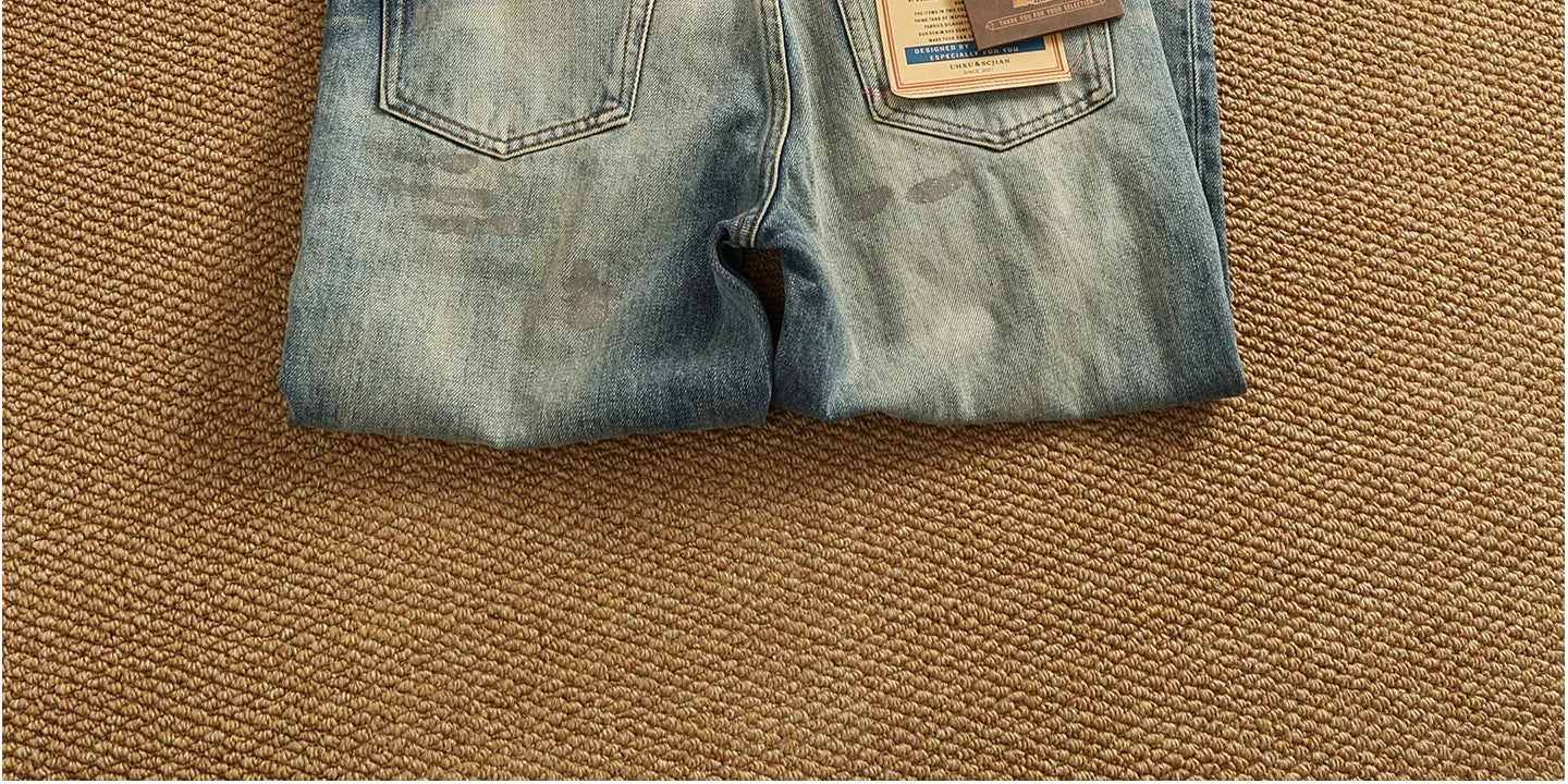 2025 Autumn New American Retro Heavyweight Ripped Denim Men's Fashion 100% Cotton Washed Old Straight Tapered Casual Jeans