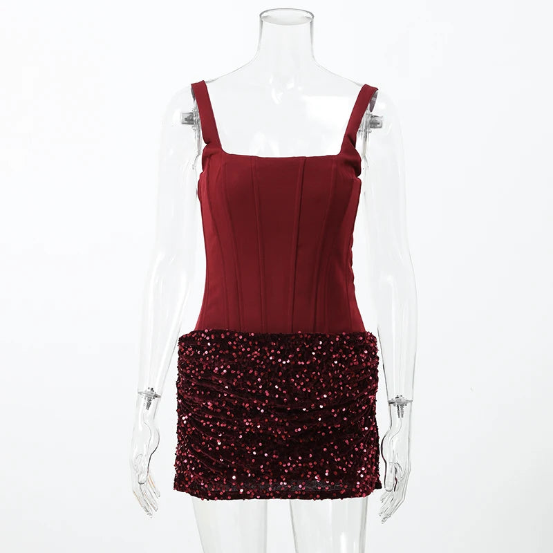 Sexy Sequin Pleated Strapless Mini Dress Women Chic  Scarf Collar Off Shoulder Waist Cinching Dresses Lady Evening Party Gown