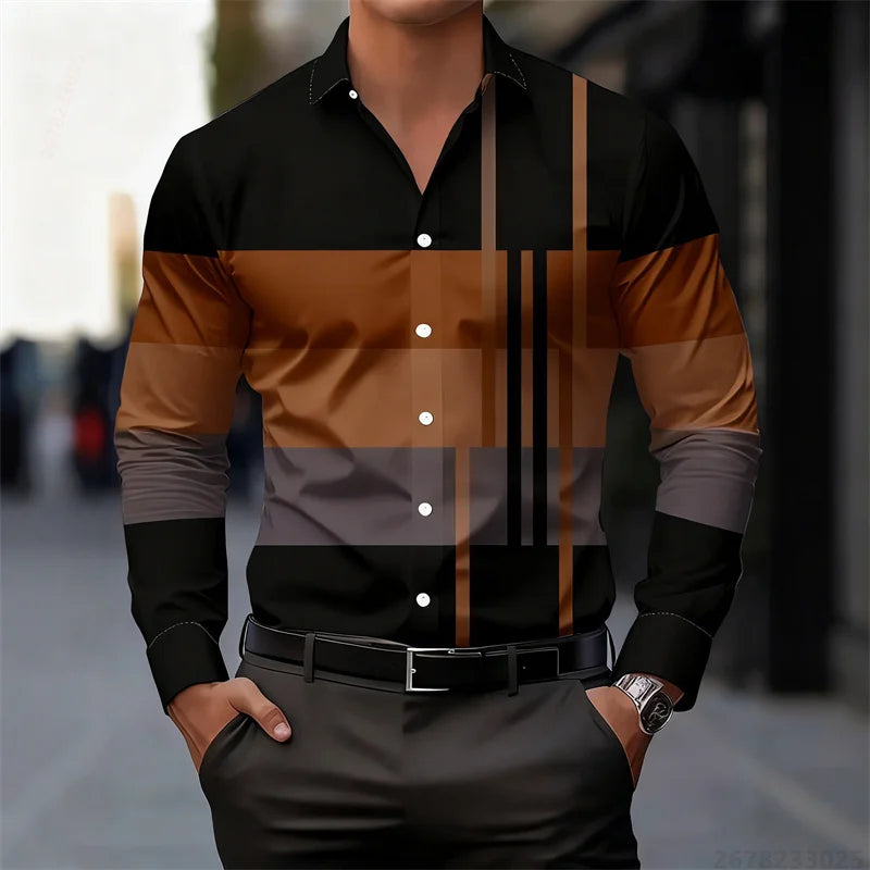 Men's color-blocked striped patchwork long-sleeved shirt, unique geometric pattern slim fit shirt, stylish men's top, XS-6XL.