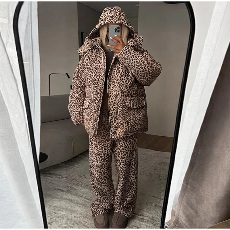 Leopard Print Women's Winter Down Jacket Pant Set Hooded Full Sleeve Zipper Jacket Elastic Waist Pants 2026 Warm Padded Coat Set