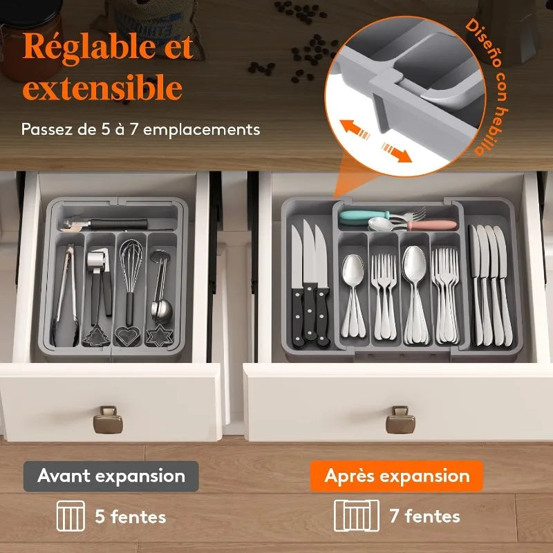 4 Grid Expandable Kitchen Drawer Organizer Adjustable Retractable Cutlery Storage Box with Divider for Utensils,Drawer Organizer