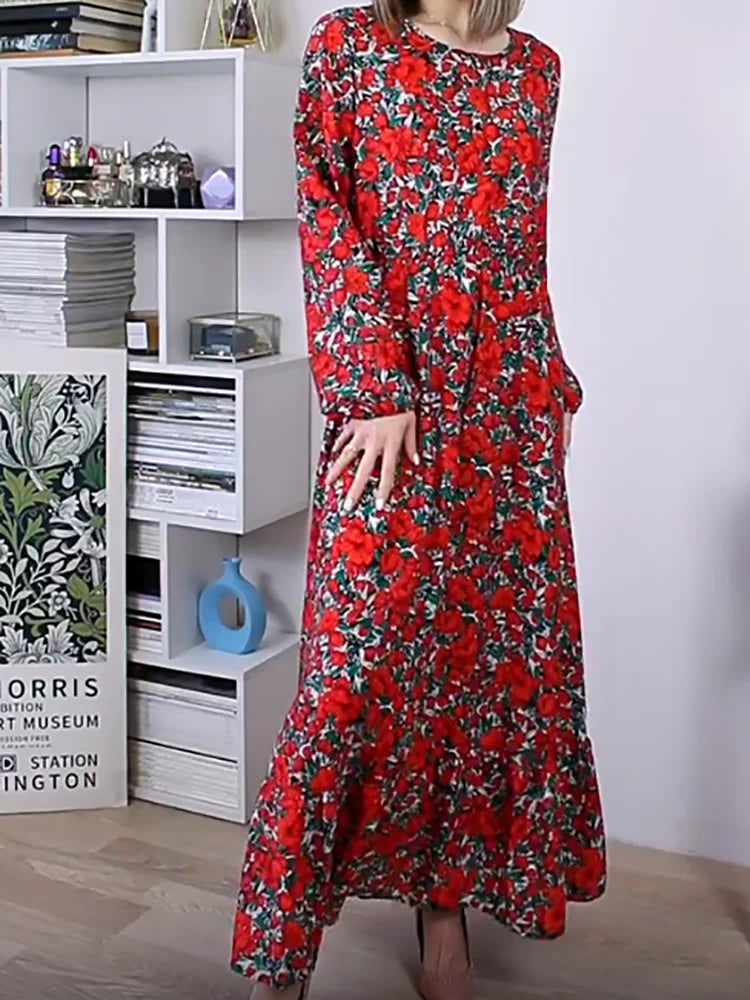 ITOOLIN Woman Round Neck Long Sleeved Shirt Flounce Floral High Waisted A-line Dress Vintage Printed Elastic Long Dress