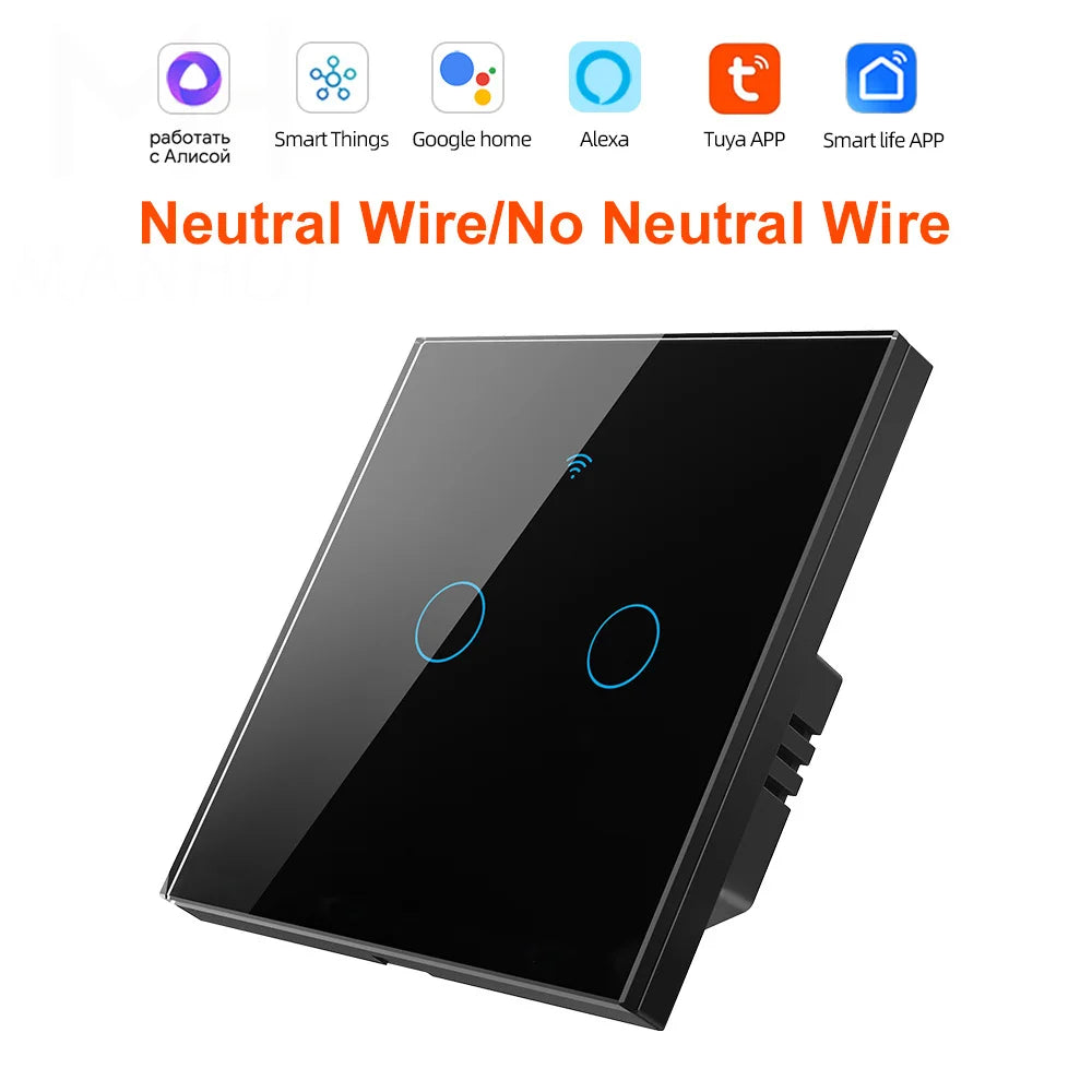 Smart EU Touch Sensor Switch Switches LED Crystal Glass Panel Wall Lamp Light Switch 1/2/3/4Gang No Neutral Wire APP Control