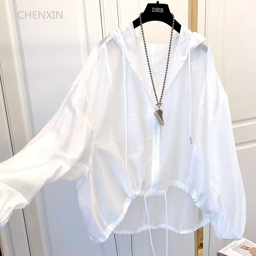 Women Hooded Jackets Summer Sun-proof Zipper Coats Thin Loose See Through Outerwear Breathable Outwear Lightweight Clothes White