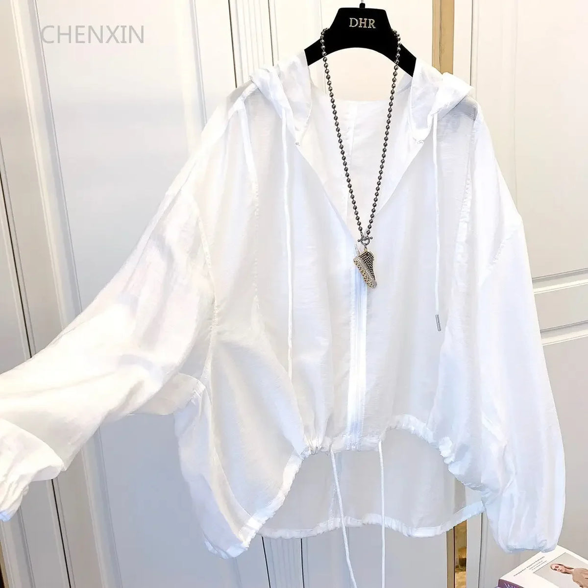 Women Hooded Jackets Summer Sun-proof Zipper Coats Thin Loose See Through Outerwear Breathable Outwear Lightweight Clothes White