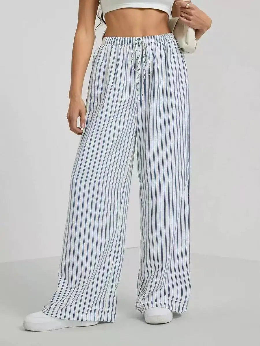 Women's Casual Striped Wide-Leg Pants   Summer Commute Fashion Drawstring Elastic Waist  Versatile Relaxed Straight Leg Trousers