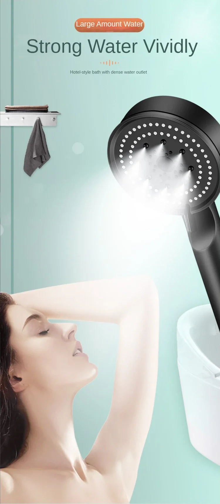 High-Pressure Handheld Shower Head with Stand and Hose - 5 Adjustable Water Flow Modes, Round Plastic Bathroom Accessory
