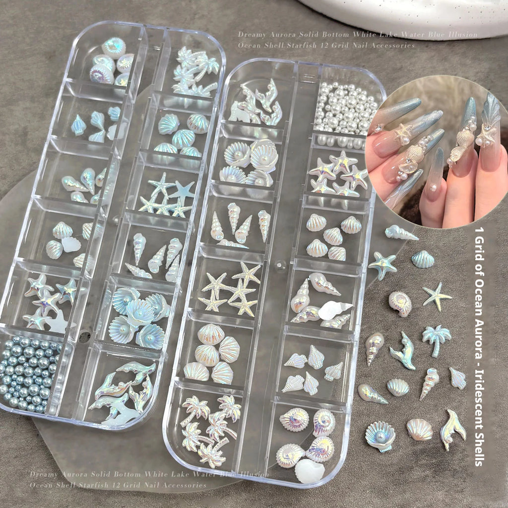 YYM 12 Grid Starfish Shell Nail Jewelry Set Box Conch Coconut Tree DIY Kit with Diamond Accessories for Nail Art