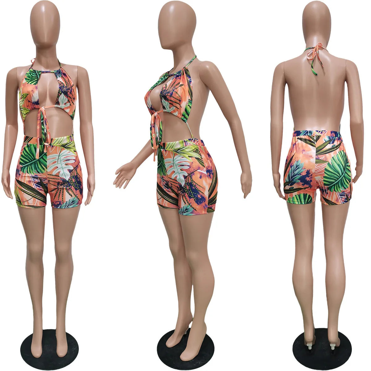Women Rompers Outfit Halter Neck Cutout Crop Top Tie Front High Waist Biker Shorts Tie-Dye Design Summer Beach Short Jumpsuit