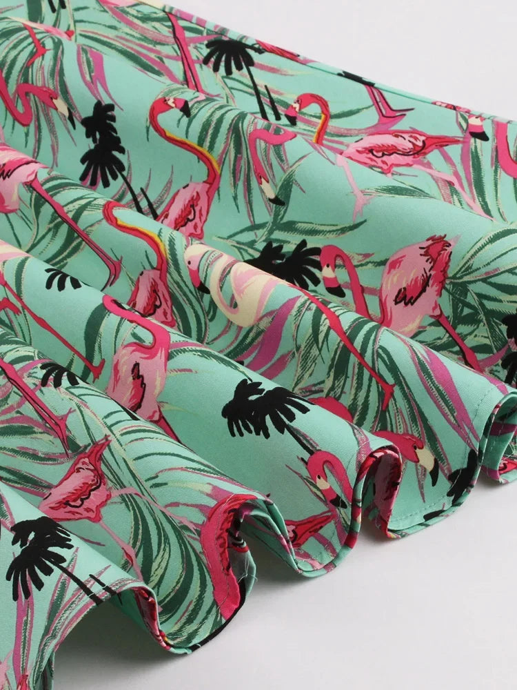 Flamingo Print High Waist Pinup Retro Dress S to 4XL 95% Cotton Women O-Neck Sleeveless Summer 50s Vintage Dresses women dress