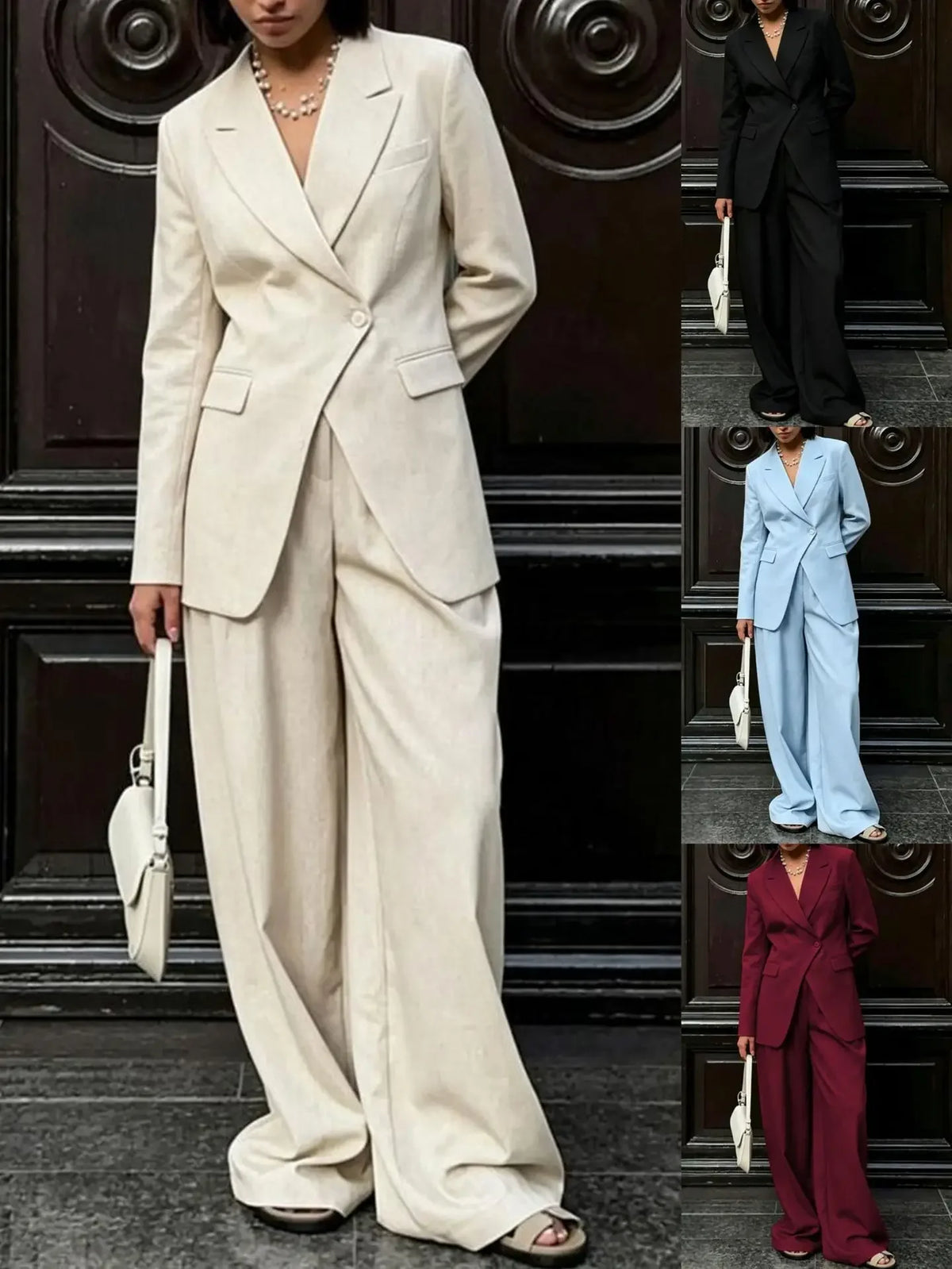 Women Beige Linen Lapel Blazer Wide Leg Pants Suit Notched Collar Straight Cuff Outfit 2026 Office Commute Elegant Street Sets