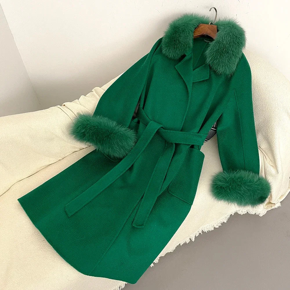 Fox Fur Coat for Women Wool Woolen Natural Real Fox Fur Collar Winter Jacket Ladies Belt Warm Outerwear Streetwear 2024