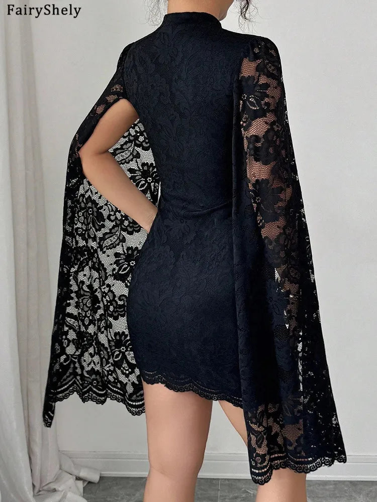 Fairyshely Lace Slit Long Sleeve Dress Ladies 2026 Sexy Black Bodycon Short Dress Women Elegant Party Tight Dresses Clubwear