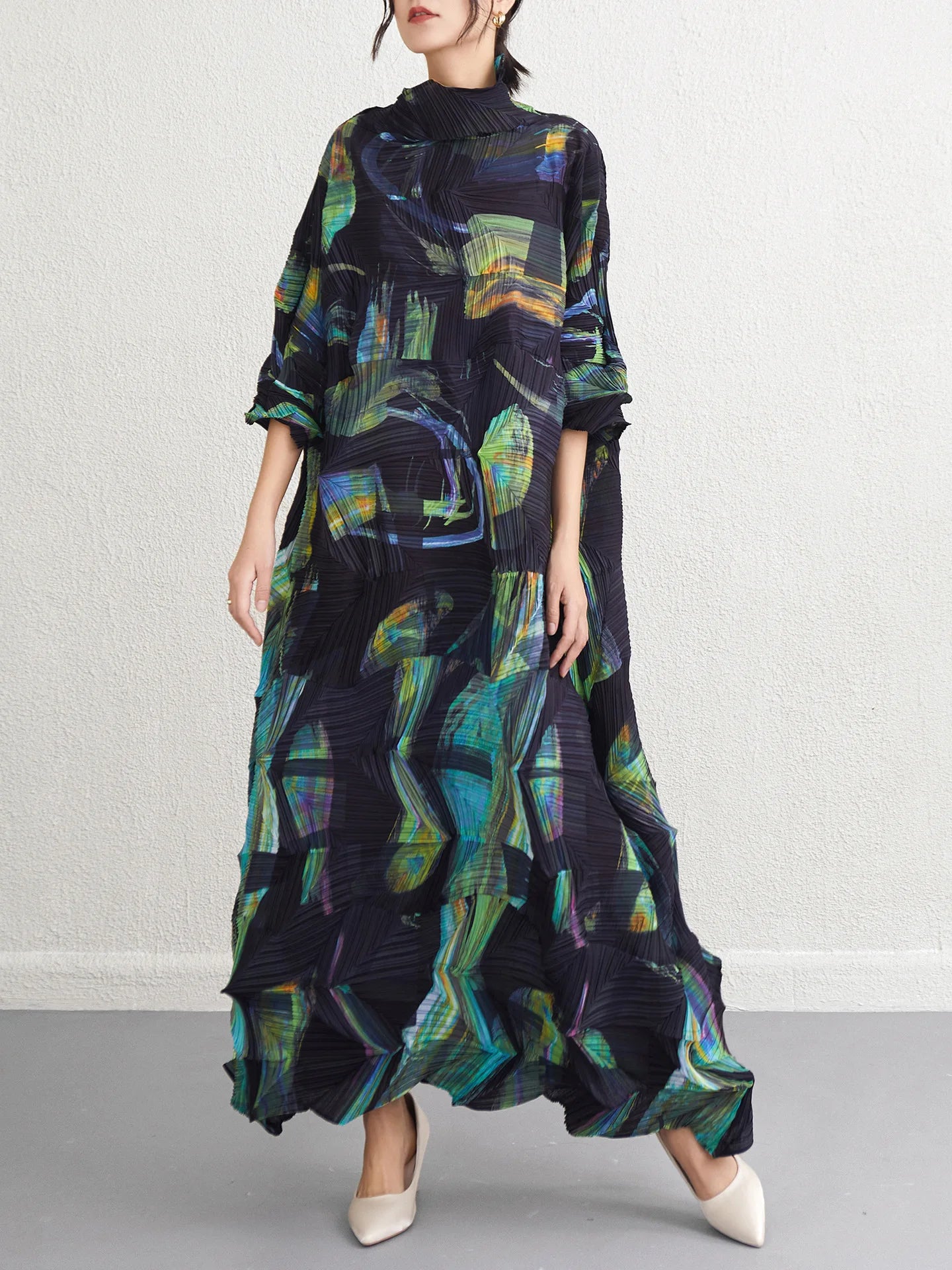 Miyake Fold 2025 Spring New Dress Women's Irregular Print Fold Waist Advanced Sense Dress
