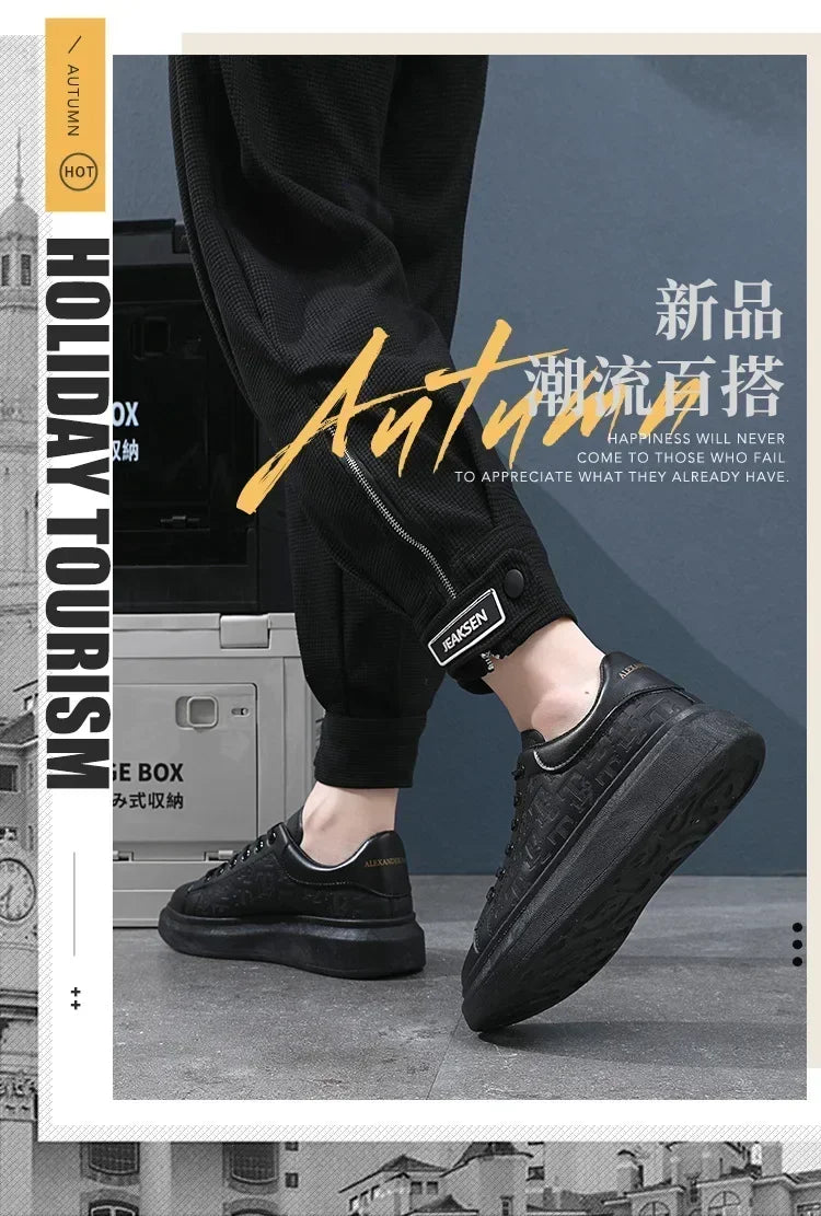 2026 Men's Casual Shoes Spring and Autumn Flat-soled Casual Leather Shoes Sports Shoes Black and White Men's Thick-soled Shoes