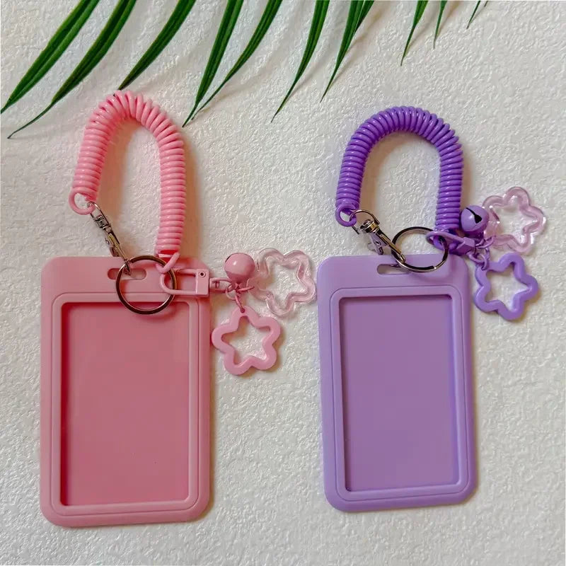 Cute Simple Protective Card Holder with Keychain Colorful Star Retractable Spring Lanyard ID Card Photo Postcard Holder Charms