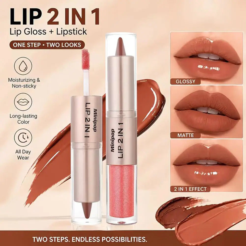 Waterproof Contour Non Stick Makeup Double-headed Matte Mirror Design Lip Glaze Nude Brown 2-in-1 Tapered Gradient Lip Liner Pen