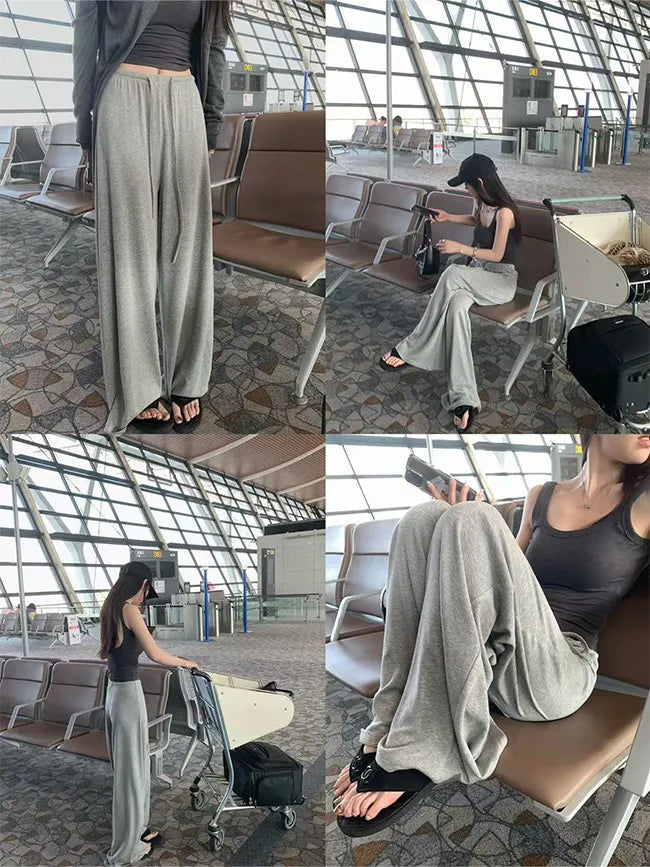 Women's Straight Pants Spring Summer Loose Casual High Waist Wide-leg Pants Drawstring Solid Gray Trousers Women