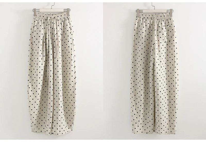 Polka Dot Cotton Linen Pants White Women Wide Leg Summer Spring Baggy Trousers For Woman High  Waist Linen Loose Pants Women