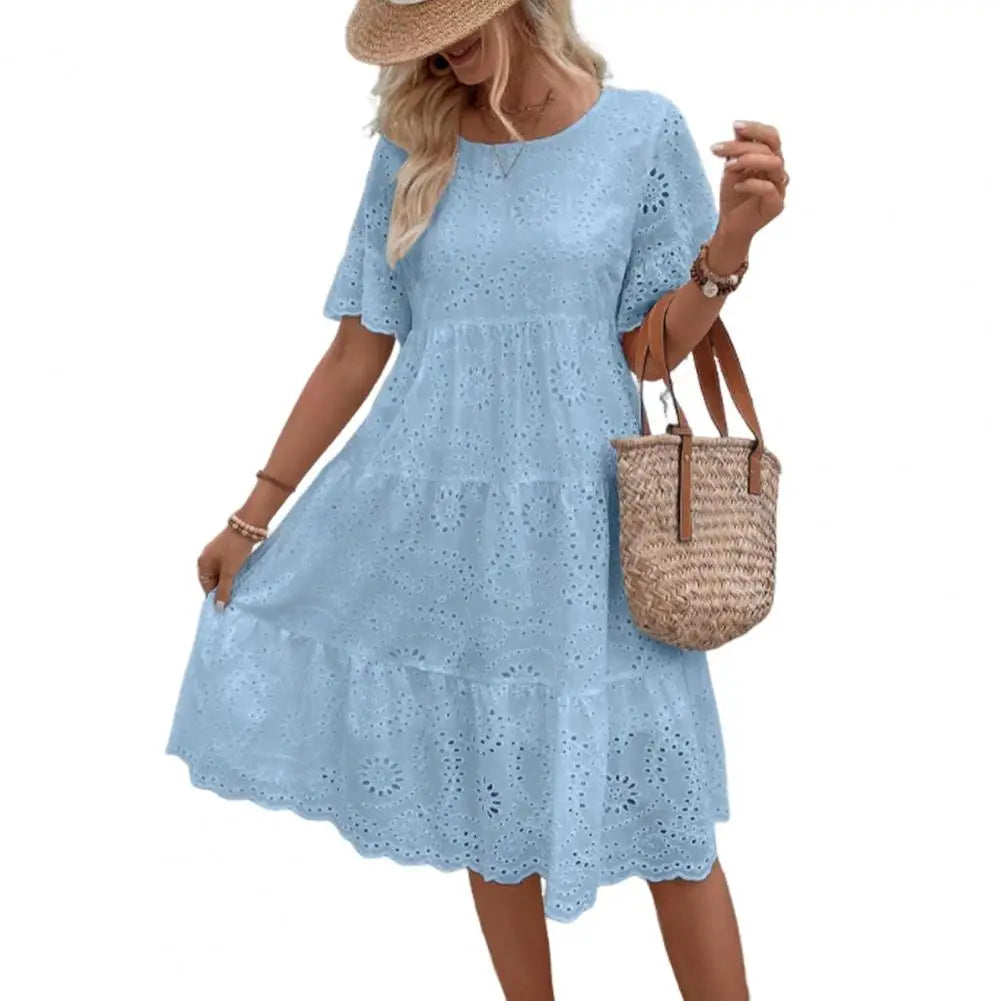 Summer Women Dress Hollow Out O Neck Short Sleeves A-line Pleated Solid Color Big Swing Embroidery Vacation Beach Midi Dress