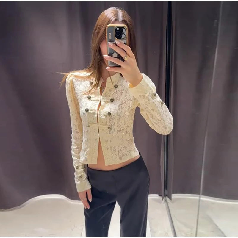 Solid Satin Lace V-Neck Puff Sleeve Blouse Curved Hem Slim Fit 2026 Summer Glam Women Satin Shirt Parisian Versatile Lady Blusa