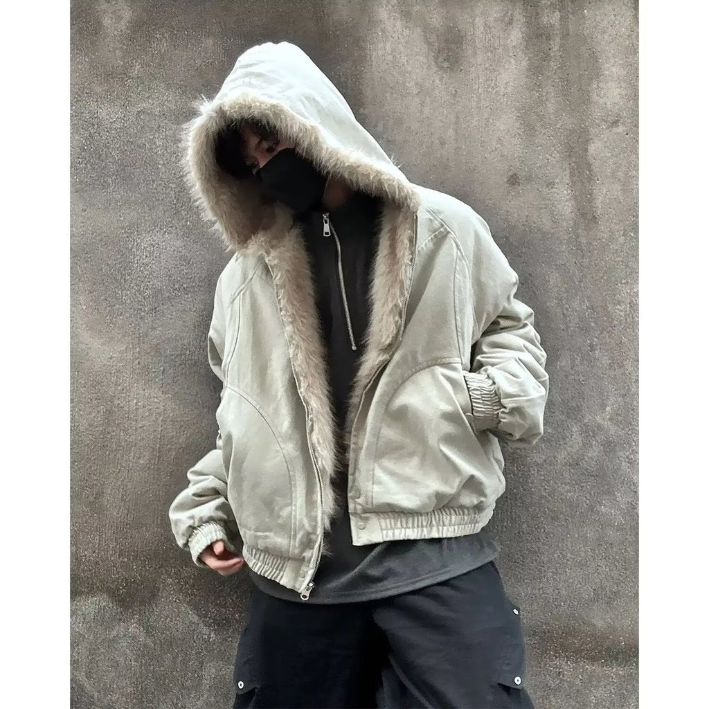 American Retro Lamb Fleece Cotton Jacket Winter Thickened Keep Warm Fur Collar Jacket Zipper Hoodie Loose Coat men clothing
