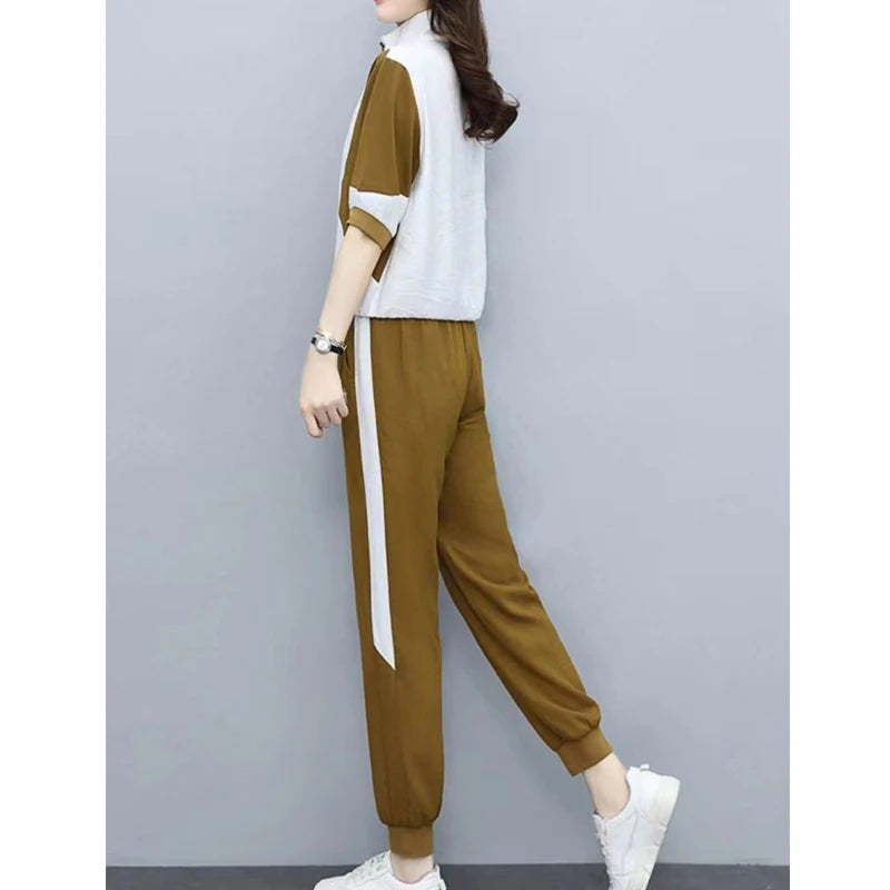 2 Piece Sets Women 2024 Summer Fashion Contrast Color Half Zipper Short Sleeve Tops Casual Pockets Sports Joggers Pants Outfits
