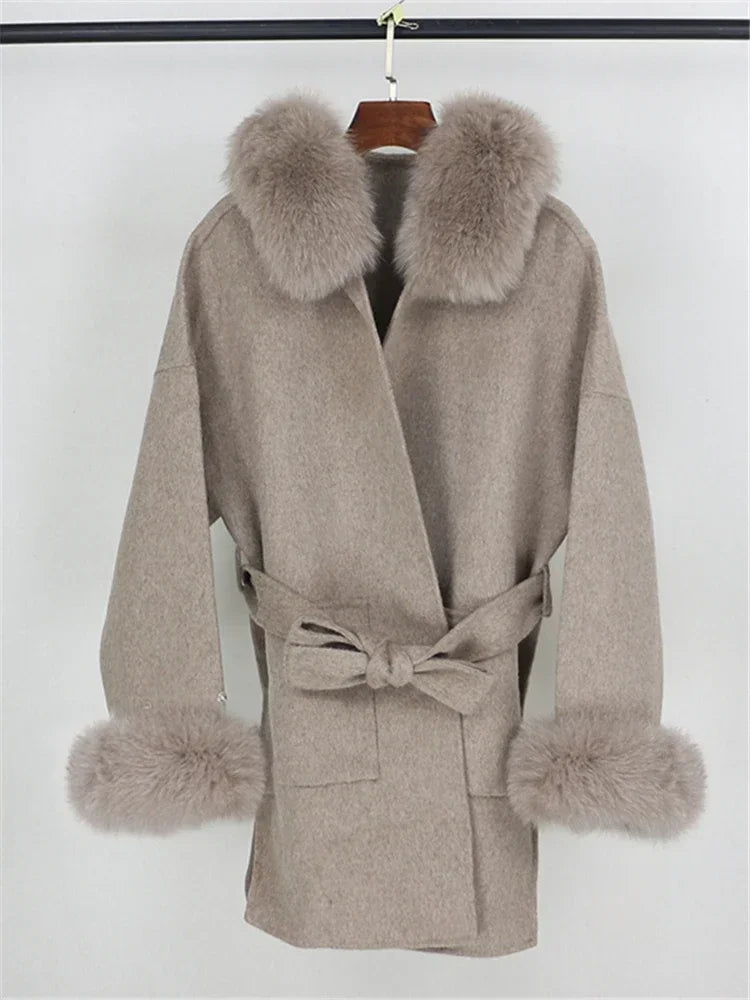 Real Fur Wool Outerwear Wool Blends Coat Natural Fox Fur Collar Hooded Cashmere Winter Jacket for Women Streetwear High Street