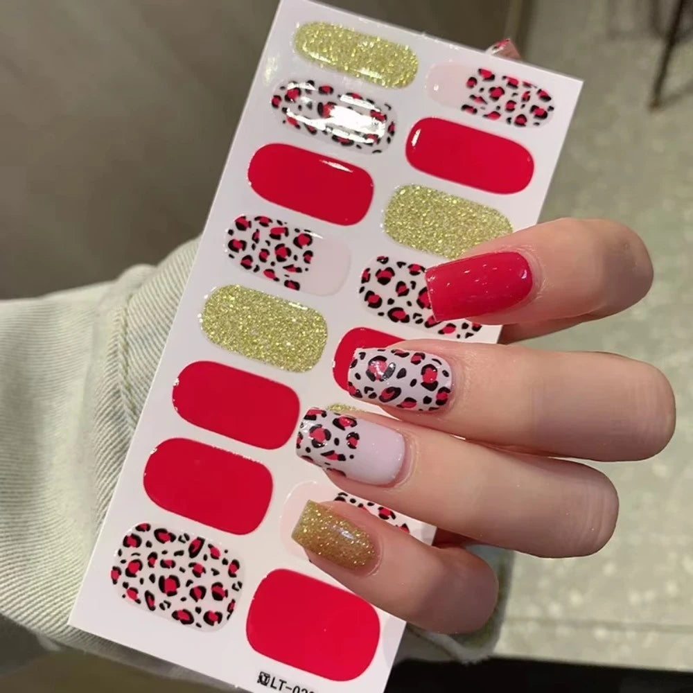 32 Strips Autumn Nail Stickers Semi Cured Full Cover Gel Nail Polish Strips Manicure Leopard Print Nail Patch