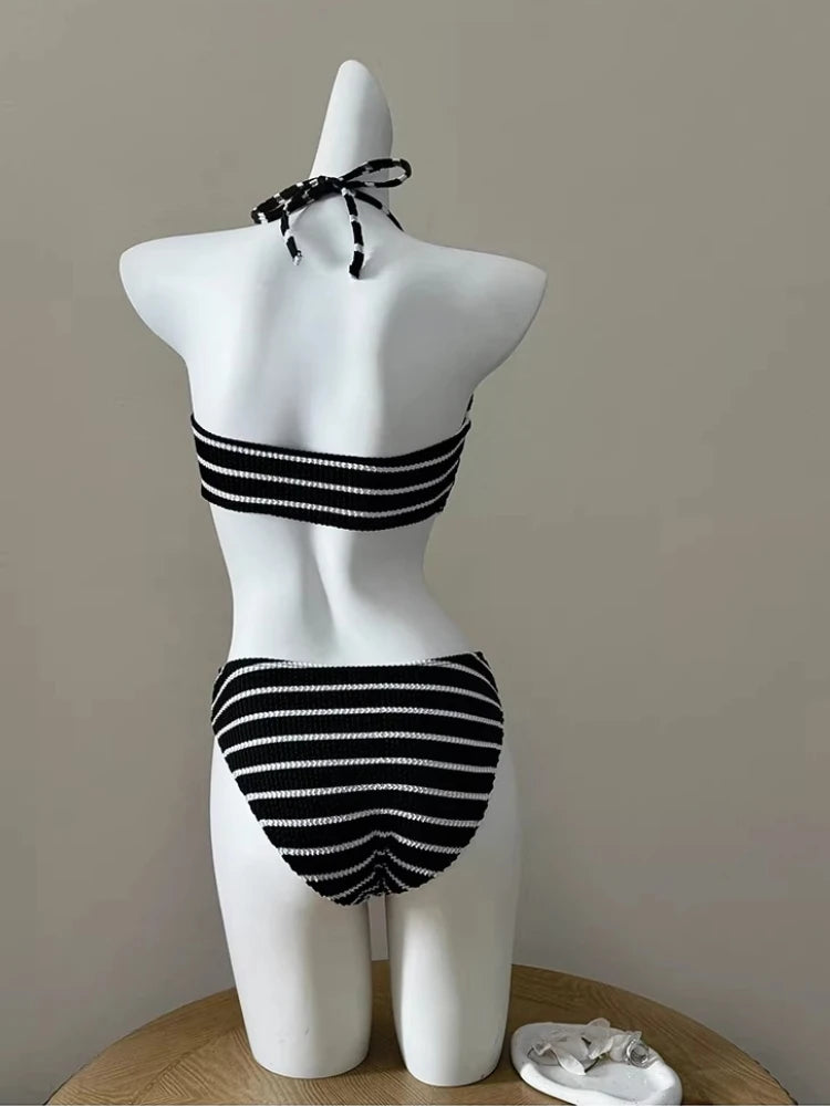 Vintage Sexy Black Striped Bikini Set Women American Retro Hottie Fashion Halter Neck Swimwear Harajuku Chic Sweet Swinsuit 2026