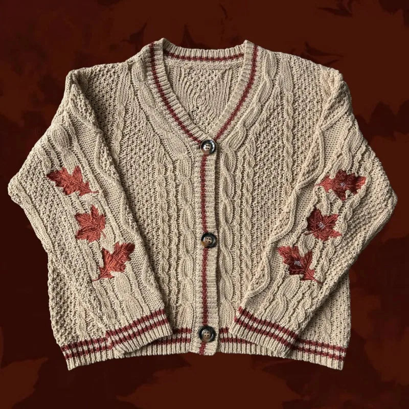 Autumn Leaves Knitted Cardigan Women Red Maple Leaf Embroidered Oversized Cardigan Folklore Girl Fall Winter Low V-neck Sweater