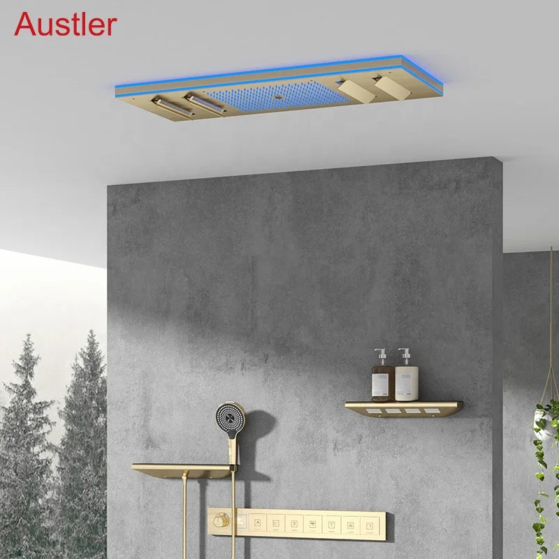 Ceiling Embedded LED Music Shower Head 7 Functions In-Wall Mount Brass Thermostatic Shower Faucet Set
