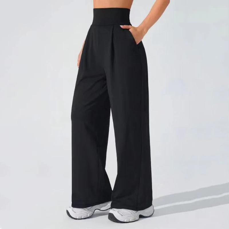 Women's High Waisted Sports Pants with Side Pockets Solid Color Wide Leg Yoga Pants Woman Body Hugging Straight Leg Trousers