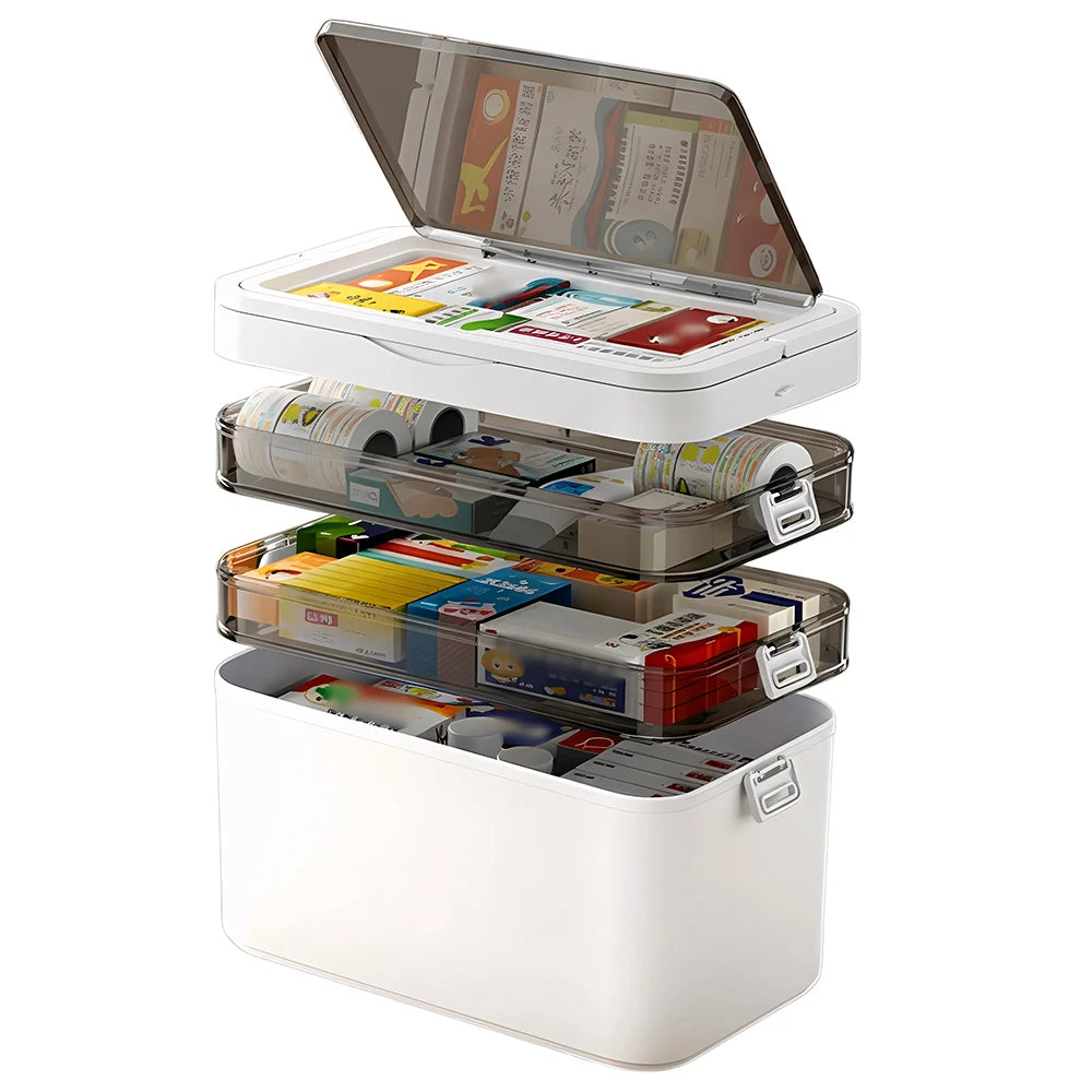 Large Capacity Multi Layer Transparent First Aid Medicine Storage Box Secure Snap Buckle Dustproof Household Emergency Drug Organizer Detachable Compartment Medical Supply Container For Family Home Office Car Travel Camping O