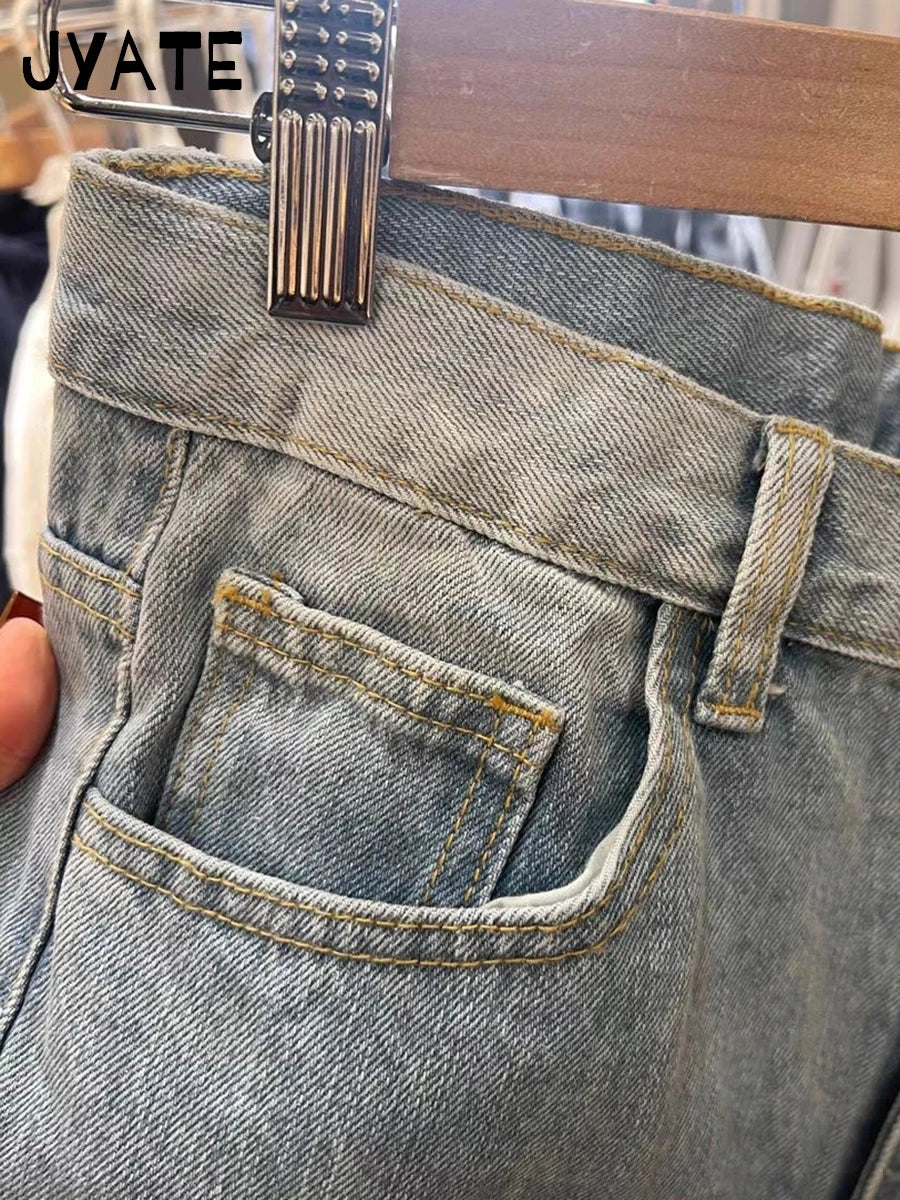 American Vintage Distressed Jeans Women Summer High Waist Pockets Straight Denim Pants Streetwear Loose Retro Baggy Trousers Y2K
