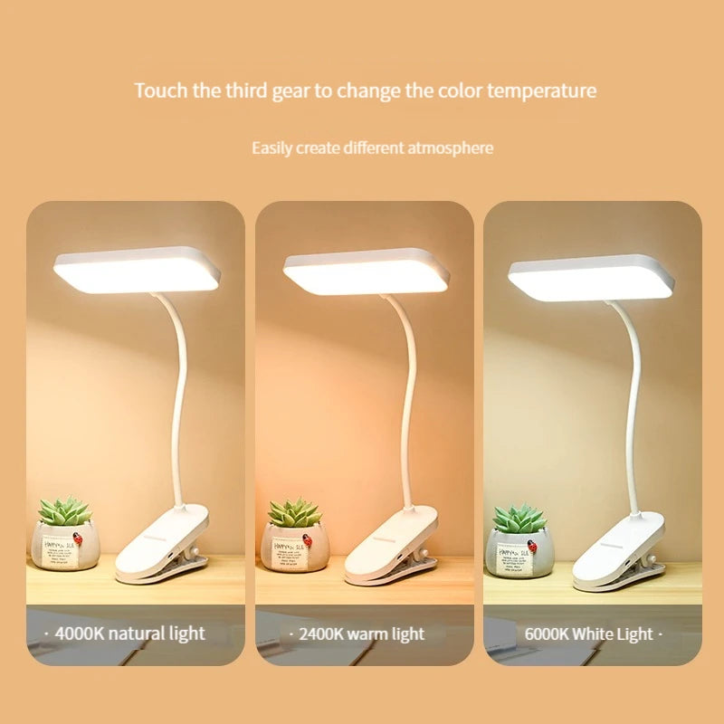 Clip-On Desk Lamp with Eye Care, USB Rechargeable & Plug-in Dimmable LED Light, Adjustable Study Lamp for College Dorm, Bedroom
