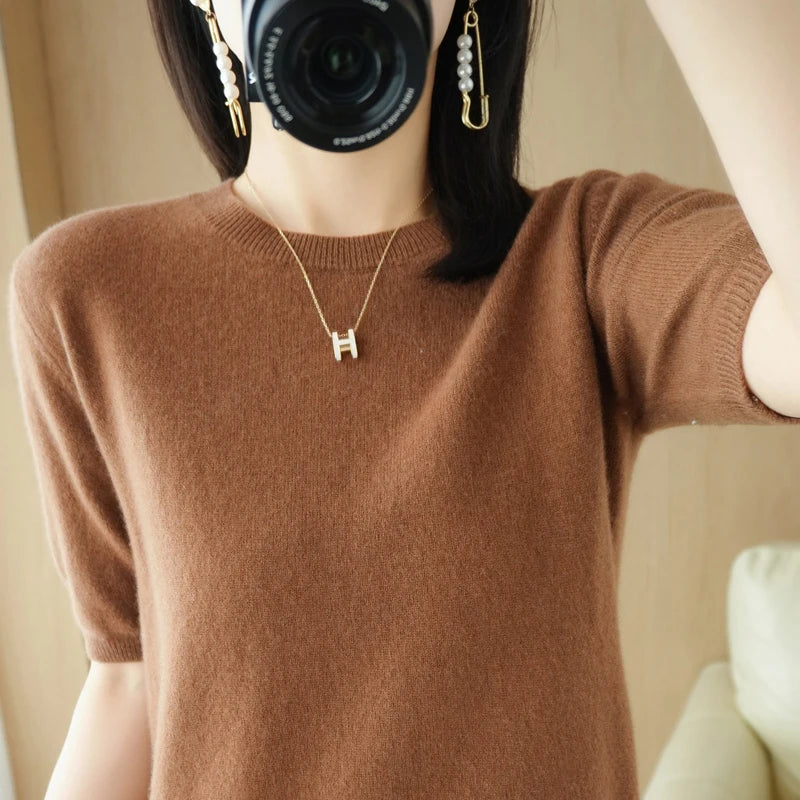 Spring 2022 New Women's O-Neck Short-Sleeved Exquisite Cashmere Sweater Pullover