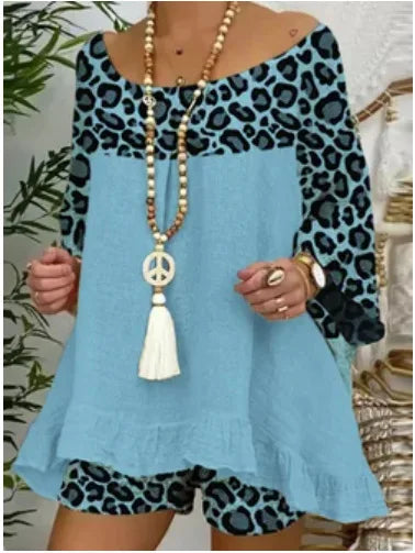 Linen Blouse Tops And Loose Shorts Suit Vintage Two Piece Set Print Sets Female Leopard Patchwork Outfit