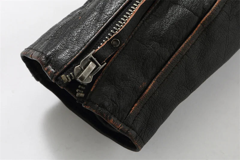 Retro Black Winter Leather Jacket Men Vintage Style Plus Size 5XL Genuine Natural Thick Cowhide Diagonal Zipper Leather Coat