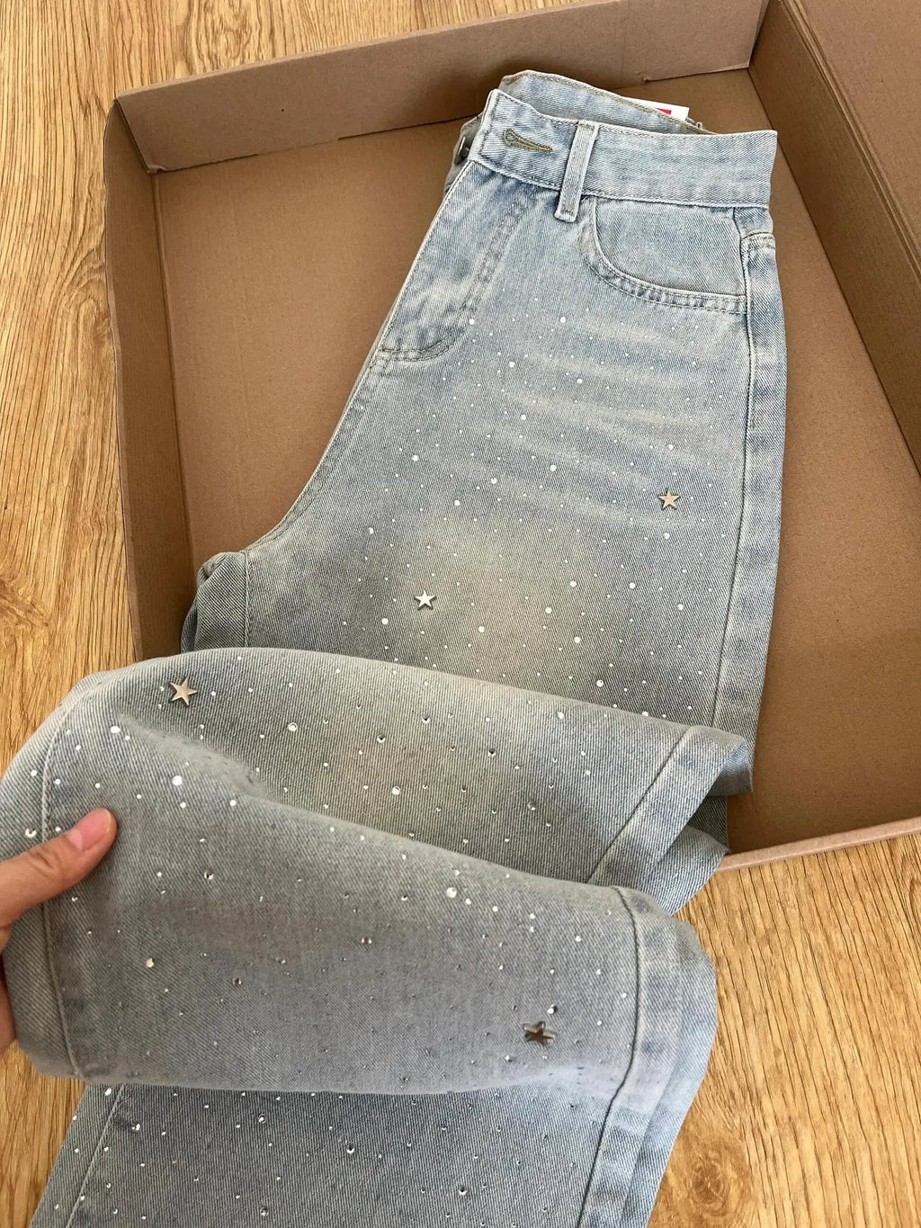 Women's 2025 Autumn New Light Blue Hot-Selling Rhinestone Straight Jeans High Waist Wash Jeans Loose Slimming Wide Leg Trousers