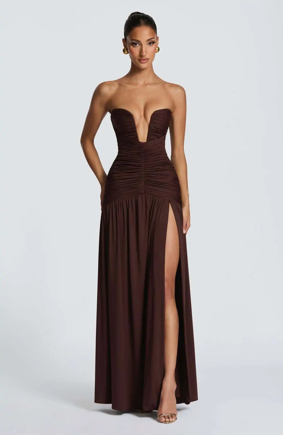 Elegant Lady Solid Maxi Dress Sleeveless Off Shoulder Deep V-neck High Split Pleated Satin Gown 2026 Women New Dinner Party Wear